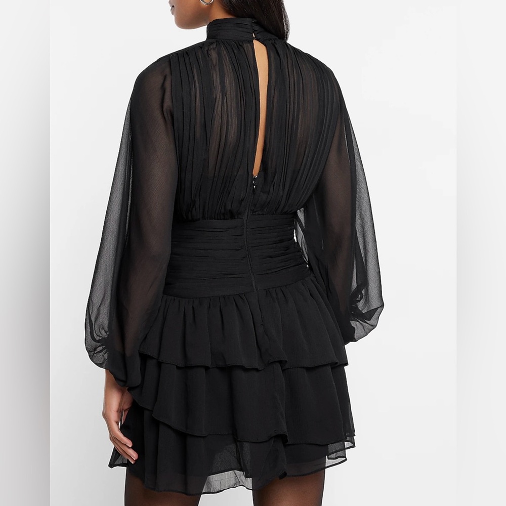 Express Mock Neck Long Sleeve Pleated Waist Tiered Ruffle Mini Dress - Picture 4 of 6